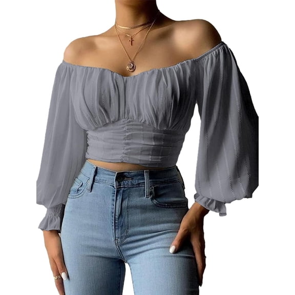 Womens Elegant Off The Shoulder Puff Sleeve Blouse Summer Chiffon Slim Fit Party Crop Top