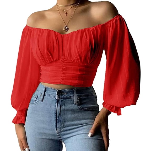 Womens Elegant Off The Shoulder Puff Sleeve Blouse Summer Chiffon Slim Fit Party Crop Top