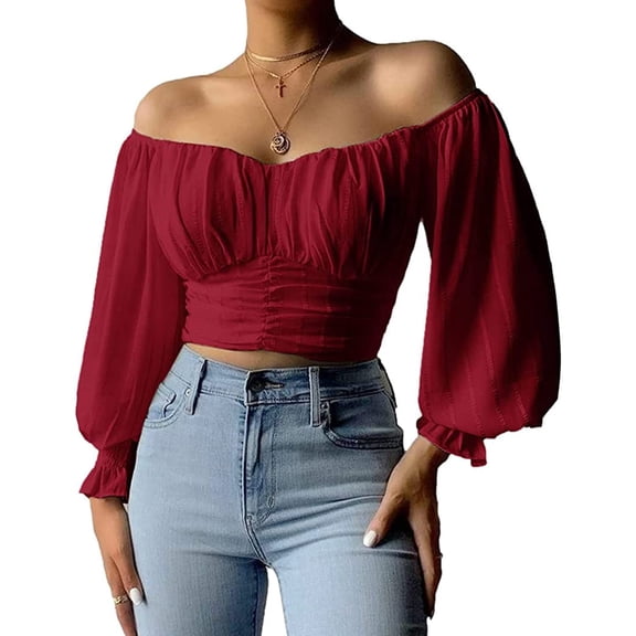 Womens Elegant Off The Shoulder Puff Sleeve Blouse Summer Chiffon Slim Fit Party Crop Top