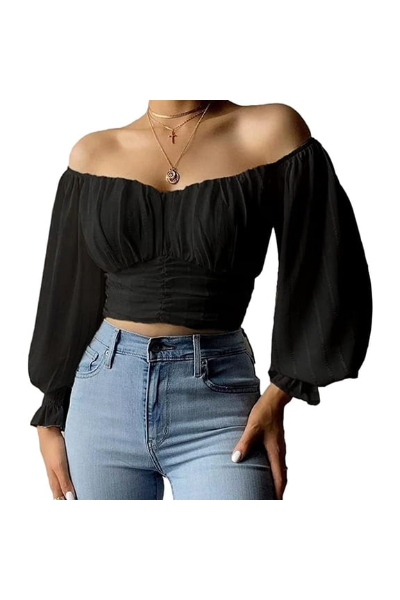 Womens Elegant Off The Shoulder Puff Sleeve Blouse Summer Chiffon Slim Fit Party Crop Top