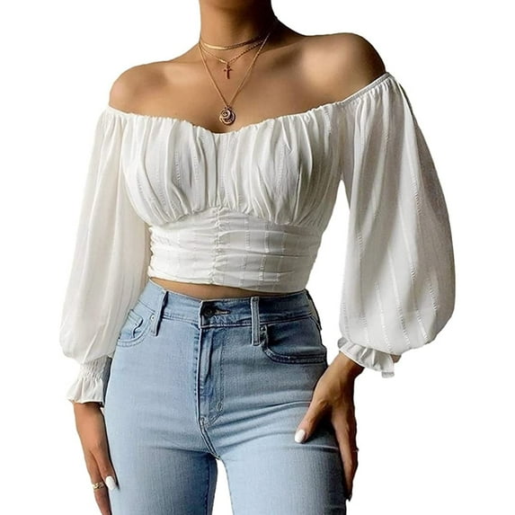 Womens Elegant Off The Shoulder Puff Sleeve Blouse Summer Chiffon Slim Fit Party Crop Top