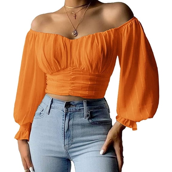 Womens Elegant Off The Shoulder Puff Sleeve Blouse Summer Chiffon Slim Fit Party Crop Top