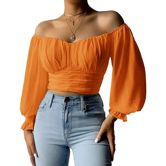 Womens Elegant Off The Shoulder Puff Sleeve Blouse Summer Chiffon Slim Fit Party Crop Top