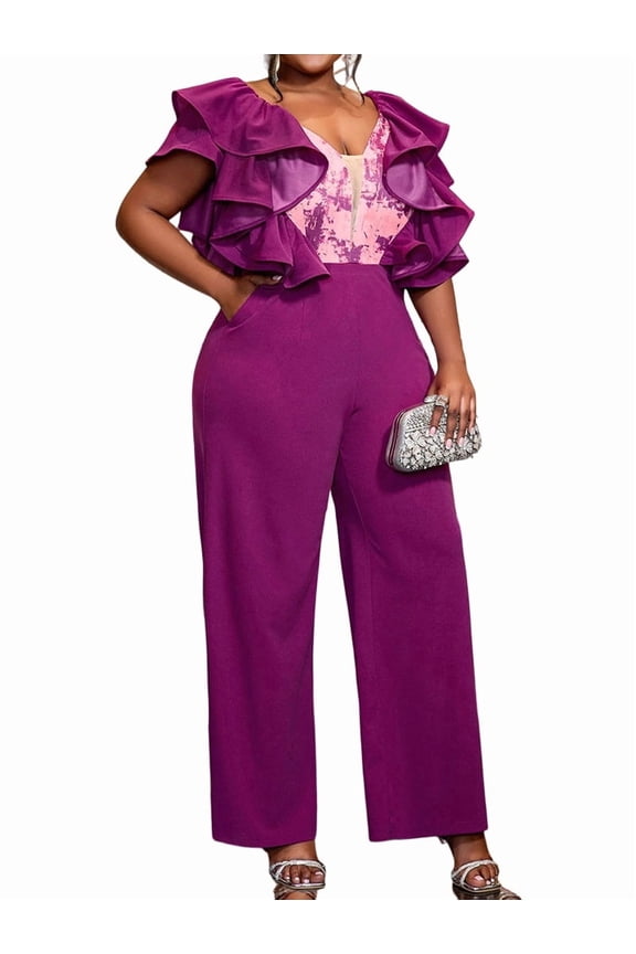 Womens Elegant One Shoulder Jumpsuit with Ruffle Sleeve and Wide Leg Pants for Party and Clubwear S