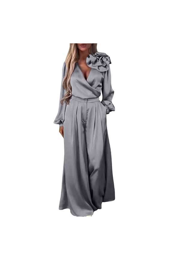 Womens Elegant Pants Outfits Solid Color V-Neck Long Sleeveless Blouse Wide Leg Pleated Pants Satin Dressy Work 2 Piece Plus Size Suits Gray 5XL