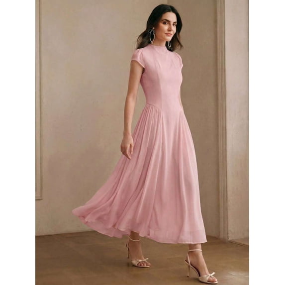 Womens Elegant Pink High Neck Cap Sleeve A-Line Long Pleated Dress