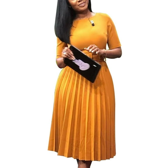 Womens Elegant Pleated Long Dresses Fall Lantern Flowy Swing Pleated Maxi Dress