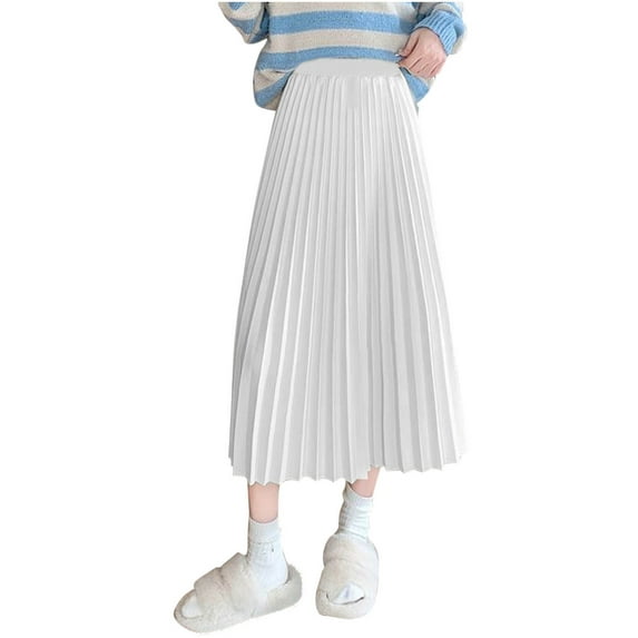 Womens Elegant Pleated Skirt Satin Elastic High Waist Flowy Dressy Casual Skirts Plus Size A-Line Party Maxi Skirts White L