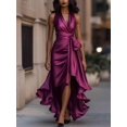 thumbnail image 1 of Womens Elegant Purple Satin High-Low Ruffle Evening Gown, 1 of 4
