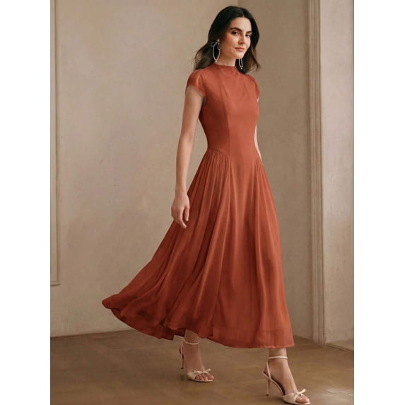 Womens Elegant Redwood High Neck Cap Sleeve A-Line Long Dress