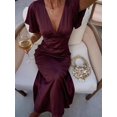 thumbnail image 1 of Womens Elegant Redwood V-Neck Satin Long Dress, 1 of 8