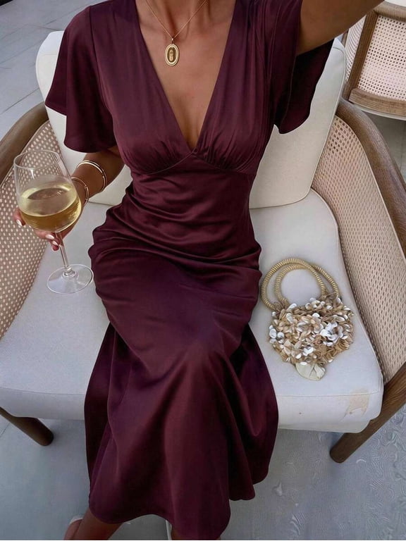 Womens Elegant Redwood V-Neck Satin Long Dress