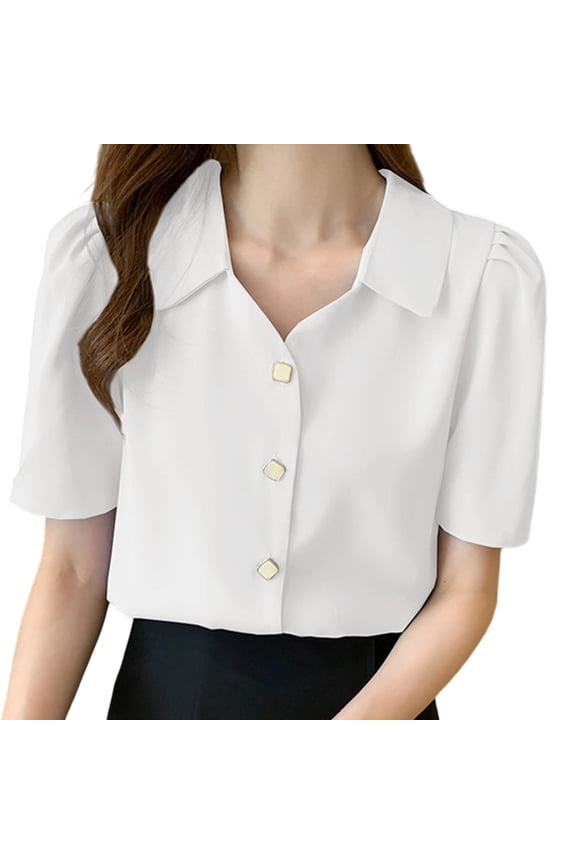 Womens Elegant Ruched Short Sleeve Shirts Dressy Casual Button Down V Neck Tunic Blouse Summer Classy Work Office Top