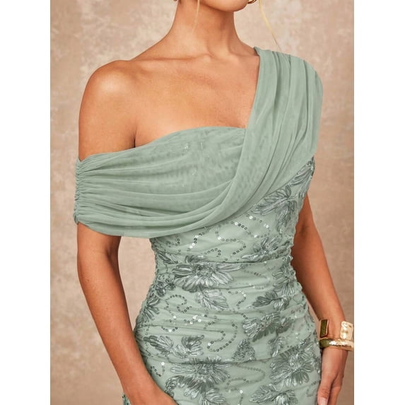 Womens Elegant Sage Green One-Shoulder Maxi Dress with Floral Sequin