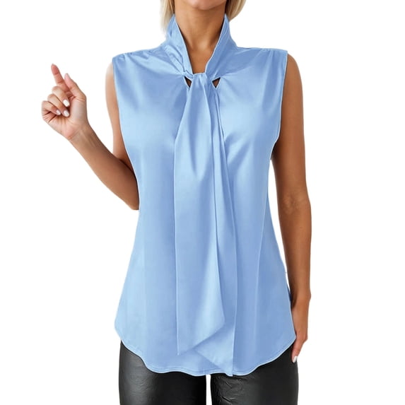 Womens Elegant Satin Camisole Top Bow Tie Detail Sleeveless V Neck Casual Blouse Sky Blue L