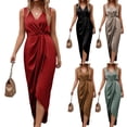 thumbnail image 1 of Womens Elegant Satin Dress Ruched V Neck Sheath Sleeveless Wrap Cocktail Ruched Midi Dresses Wedding Guest Asymmetrical Clothes Trendy Womens Dress 2026 Brown L, 1 of 7