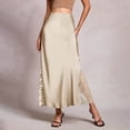 thumbnail image 1 of Womens Elegant Satin Maxi Skirt Lace Patchwork High Waist A-Line Flare Work Skirts for Evening Wear Beige M, 1 of 8