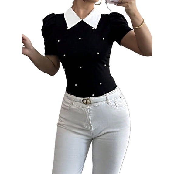 Womens Elegant Short Sleeve Colorblock T-Shirt Summer Blouse For Women