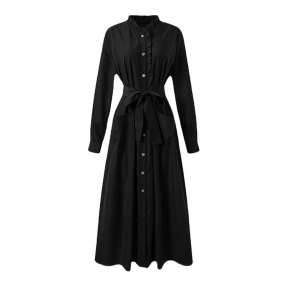 Womens Elegant Solid Color Dress,Ruffled Stand Collar & Tie Waist Slim-Fit Long Sleeve Maxi Dress,St Patrick's Party Daily Wear,Size:5XL