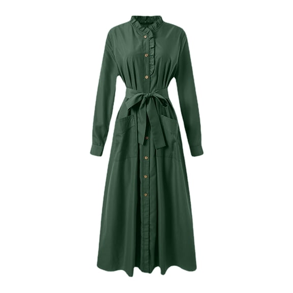 Womens Elegant Solid Color Dress,Ruffled Stand Collar & Tie Waist Slim-Fit Long Sleeve Maxi Dress,St Patrick's Party Daily Wear,Size:XL