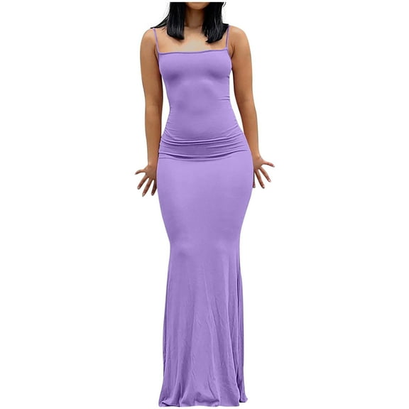Womens Elegant Solid Color Slip Maxi Dress Sleeveless Backless Bodycon Dresses Casual Slim Fit Simple Long Dress