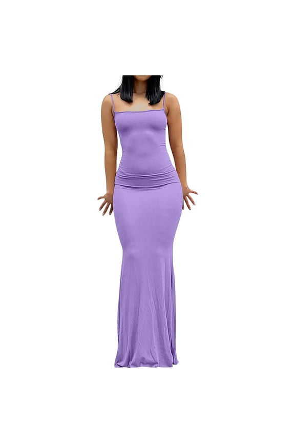 Womens Elegant Solid Color Slip Maxi Dress Sleeveless Backless Bodycon Dresses Casual Slim Fit Simple Long Dress