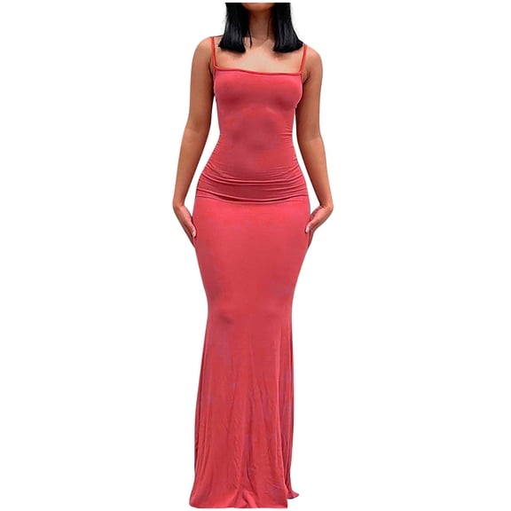 Womens Elegant Solid Color Slip Maxi Dress Sleeveless Backless Bodycon Dresses Casual Slim Fit Simple Long Dress