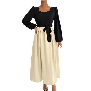 Womens Elegant Solid Color Splicing Belted Work Business Office Casual Party Pleated A-Line Midi Dress