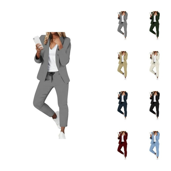 Womens Elegant Solid Color Suit Long Sleeve Cardigan Pockets Top Elastic Straight Leg Pants Suit Linen Capris For Women