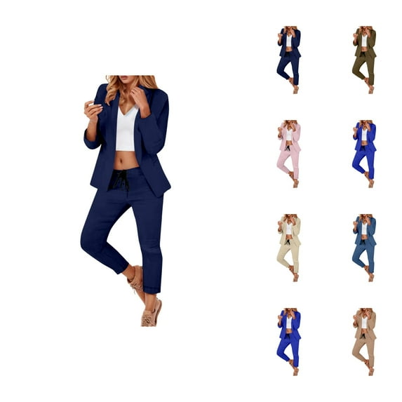 Womens Elegant Solid Color Suit Long Sleeve Cardigan Pockets Top Elastic Straight Leg Pants Suit Women Capri Pants Casual