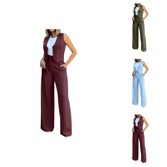 Womens Elegant Solid Color Suit Vest Tank Cardigan Pockets Tops Wide Leg Pants Suit Capris For Women Casual Summer