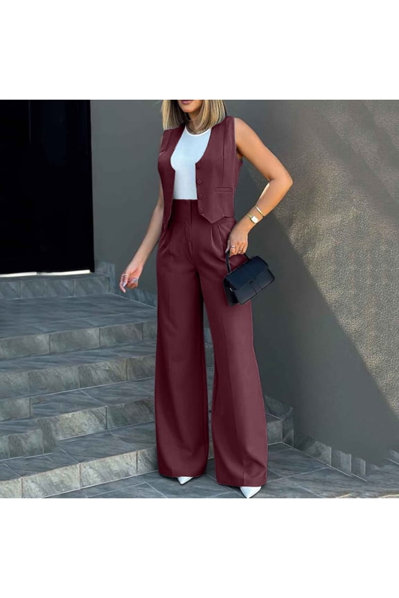 Womens Elegant Solid Color Suit Vest Tank Cardigan Pockets Tops Wide Leg Pants Suit Girls Interview Suit Women Two Piece Rompers for Wedding Occasions Womens Suit Pants Pants Set Graduation Outfits