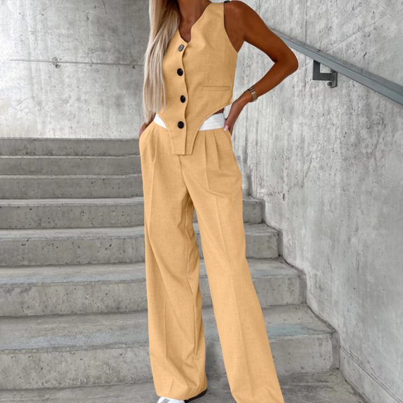 Womens Elegant Solid Color Suit Vest Tank Cardigan Pockets Tops Wide Leg Pants Suit Overall Snow Pants for Women Womens Christmas Suit Womens Tuxedo Suit Women Pant Suit Lady Basketball Jumpsuit