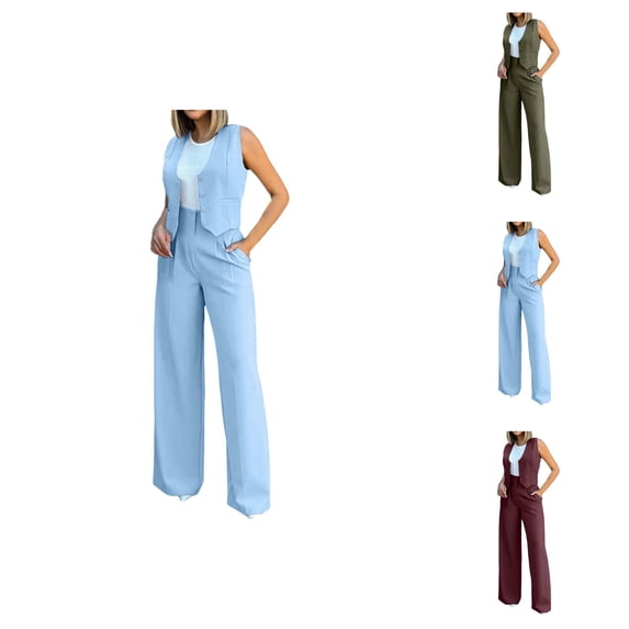 Womens Elegant Solid Color Suit Vest Tank Cardigan Pockets Tops Wide Leg Pants Suit Womens Casual Capri Pants