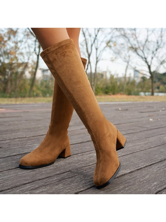 Womens Elegant Stretch Suede Tall Knee High Boots, Round Toe Solid Block Heel Pull On Slim Boots, Comfort Dress Boots Brown 7(39)