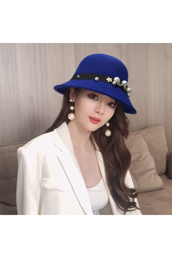 Womens Elegant Summer Winter Warm Felt Church Cloche Cap Bucket Hat Bowler Hats with Flower Fashionable Fedora Hat Royal Blue One Size