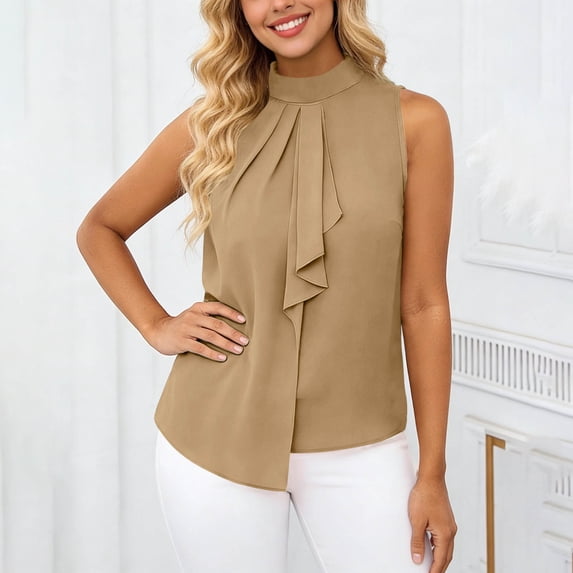 Womens Elegant Tank Tops Crewneck Sleeveless Flowy Pleated Solid Color Blouses Summer Fashion Shirts Khaki XXL
