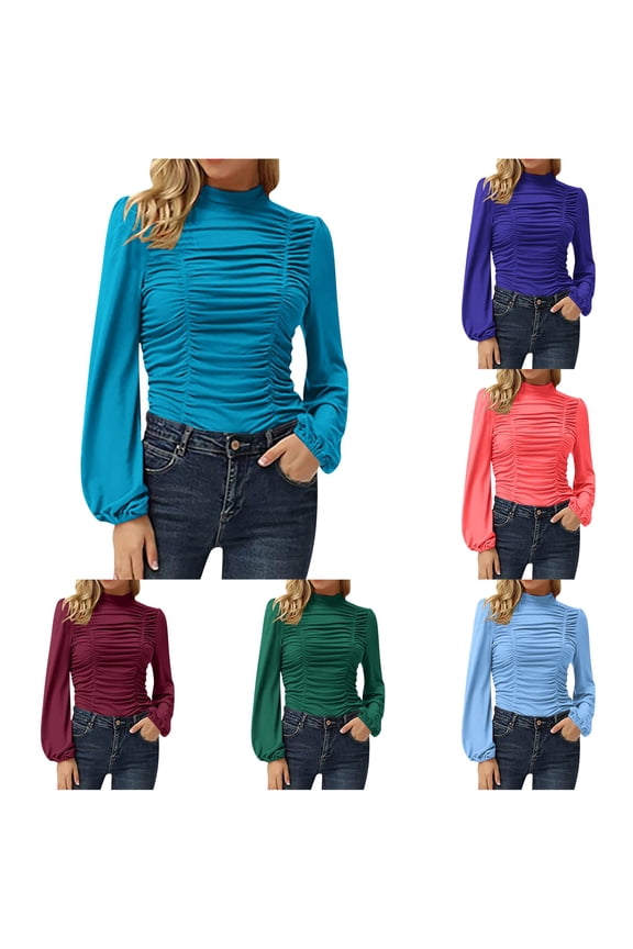 Womens Elegant Turtleneck Ruched Ruffle Trim Long Sleeve Blouse Shirt Top Striped Womens Shirt Shirts for Women with Sleeves Women T Shirts Summer Medium Women Shirt Girls Long Sleeve Tops Exercise