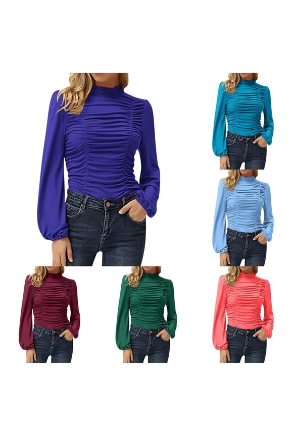 Womens Elegant Turtleneck Ruched Ruffle Trim Long Sleeve Blouse Shirt Top Striped Womens Shirt Shirts for Women with Sleeves Women T Shirts Summer Medium Women Shirt Girls Long Sleeve Tops Exercise