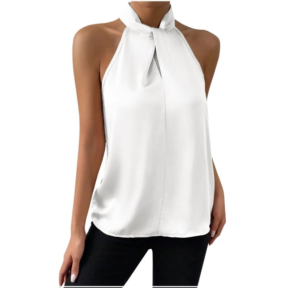 Womens Elegant Twist Front Halter Sleeveless Satin Blouse Keyhole Back Tank Top