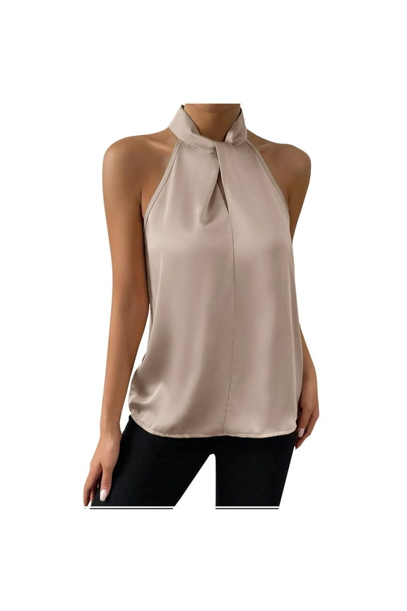 Womens Elegant Twist Front Halter Sleeveless Satin Blouse Keyhole Back Tank Top