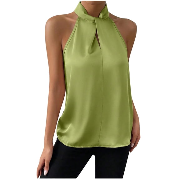 Womens Elegant Twist Front Halter Sleeveless Satin Blouse Keyhole Back Tank Top