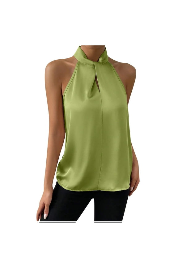 Womens Elegant Twist Front Halter Sleeveless Satin Blouse Keyhole Back Tank Top