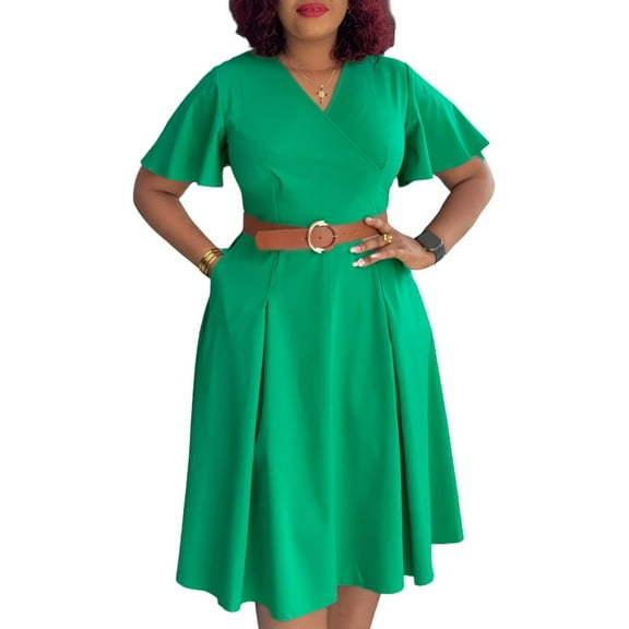 Womens Elegant V Neck Bell Sleeve Party Club Formal Wedding Guest Midi Dresses