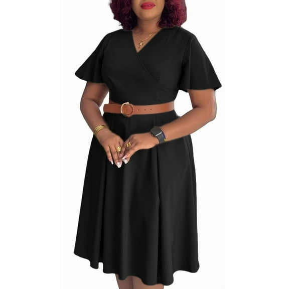 Womens Elegant V Neck Bell Sleeve Party Club Formal Wedding Guest Midi Dresses