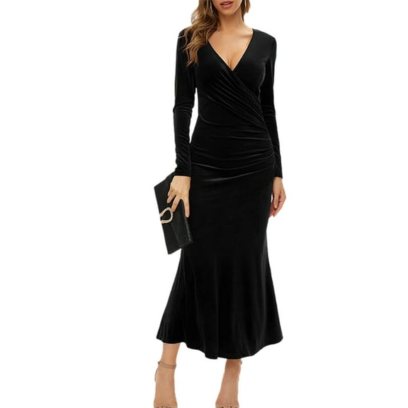 Womens Elegant Velvet Deep V Neck Wrap Hip Solid Long Sleeve Evening Party Cocktail Prom Gown Long Dress Black L