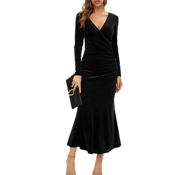 Womens Elegant Velvet Deep V Neck Wrap Hip Solid Long Sleeve Evening Party Cocktail Prom Gown Long Dress Black L