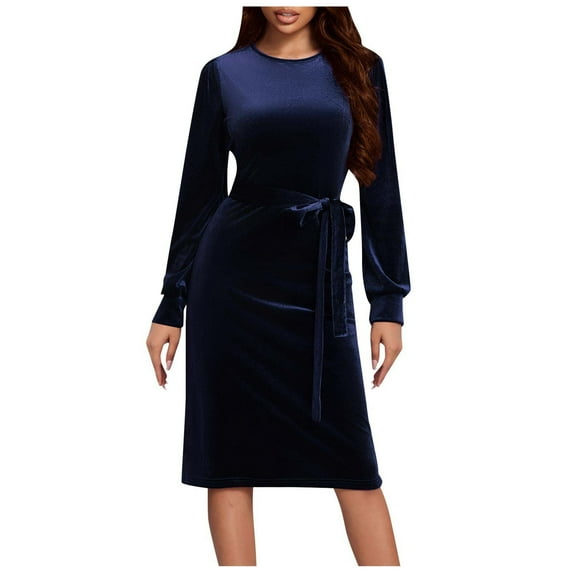 Womens Elegant Velvet Formal Dresses Long Sleeve Crewneck Christmas Midi Dress Cocktail Evening Dresses with Belt