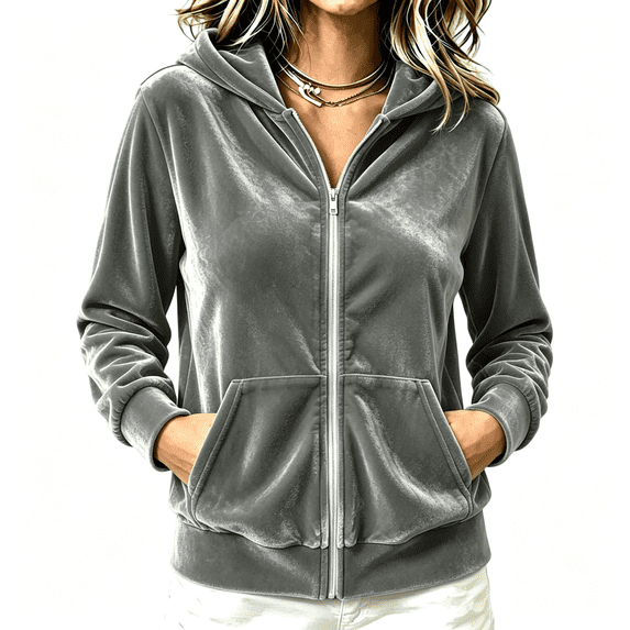 Womens Elegant Velvet Jacket with Hood Casual Loose Fit Soft Warm Full Zip Fall Winter Jacket Gray 2XL