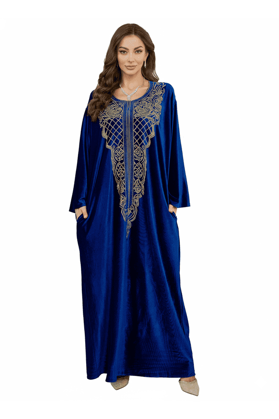 Womens Elegant Velvet Kaftan Dress with Gold Embroidery Long Sleeve Loose Fit Maxi Gown Modest Abaya for Evening Parties Casual Wear